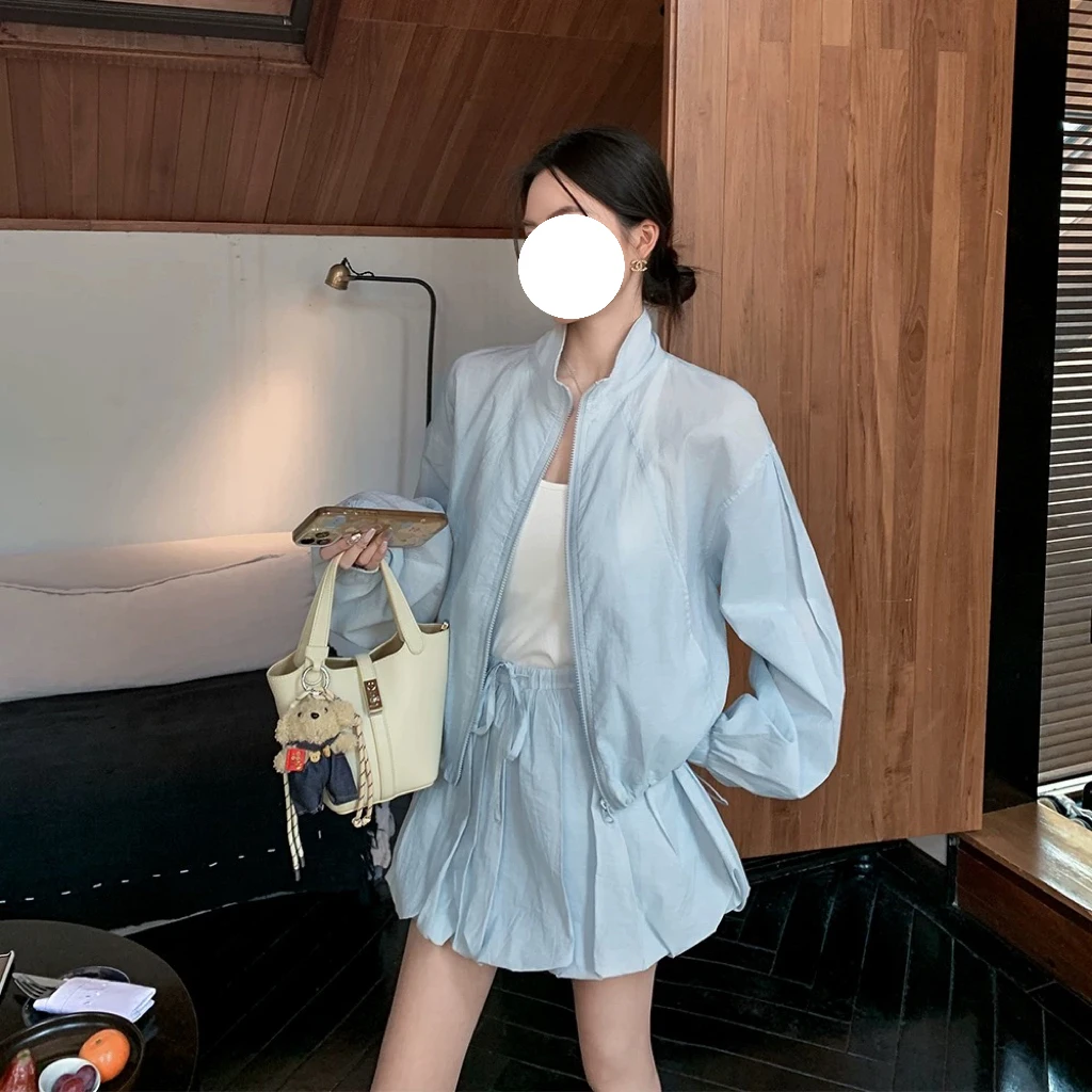 韩系清新甜美休闲百搭薄款抽绳收腰遮肉花苞裙➕防晒外套套装