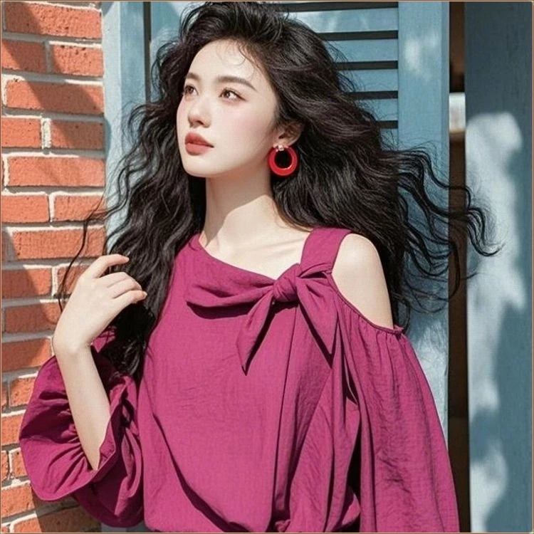 2025年春季新款小衫超好看独特漂亮设计感减龄紫色蝴蝶结露肩衬衫