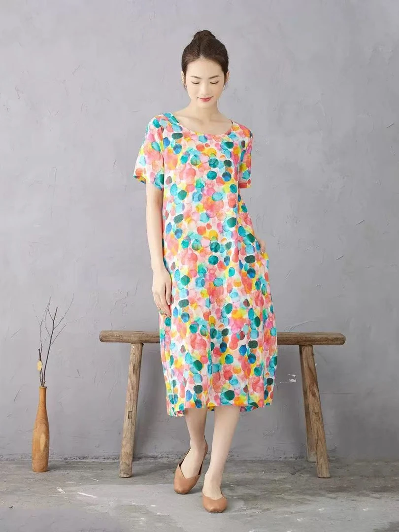 文艺彩色波点宽松遮肚短袖收腰裙女氛围感海边拍照绝美圆领连衣裙