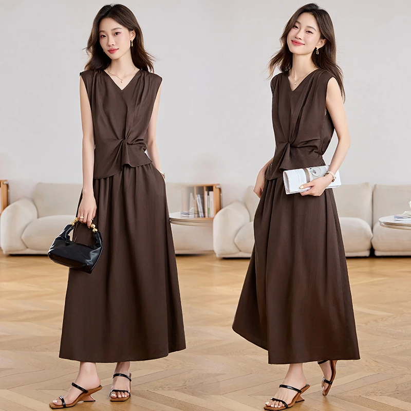 设计感时尚V领假两件连衣裙女2025年夏季新款气质减龄中长款裙子