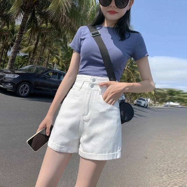 白色宽松牛仔短裤女夏季薄款2023新款高腰阔腿a字卷边软薄款热裤