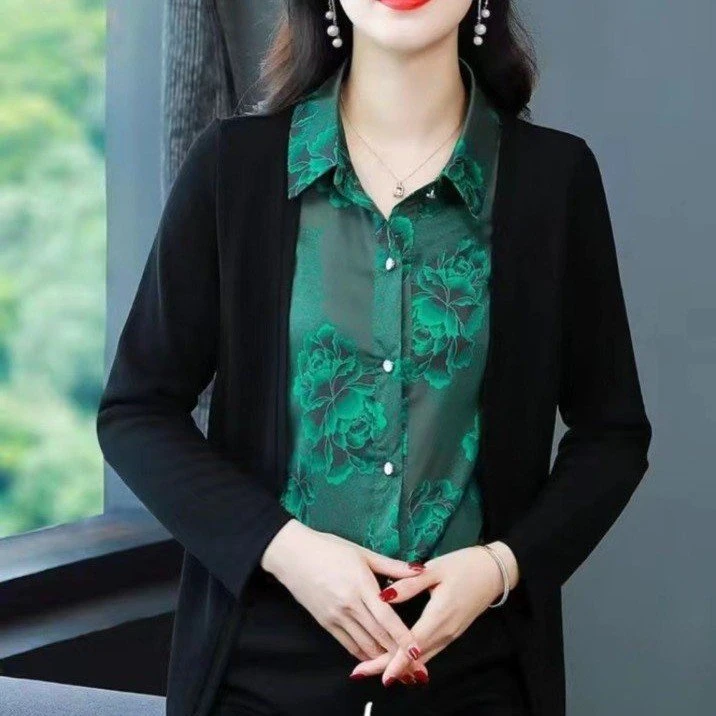 直播款 假两件衬衫女妈妈秋季拼接印花开衫长袖打底衫气质遮肚衣