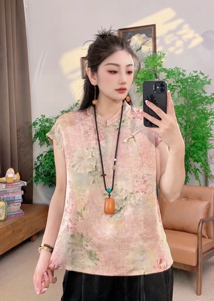 【山河】新中式2025夏季气质百搭提花立领短袖上衣女gl001