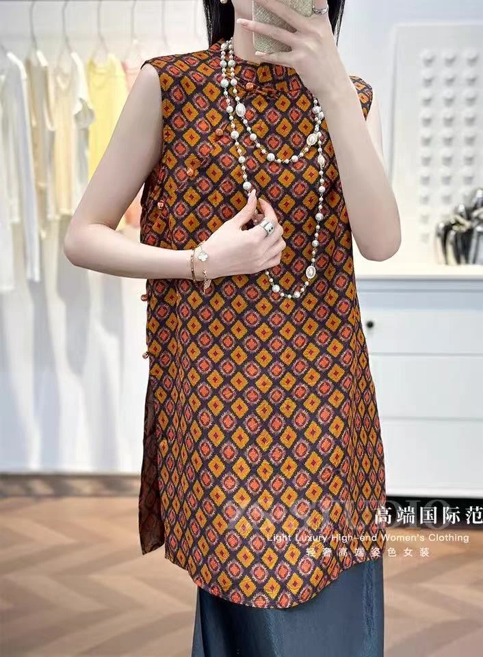 WYK L胸106长78宽松型中长款薄款女立领马夹外穿温婉风 1024