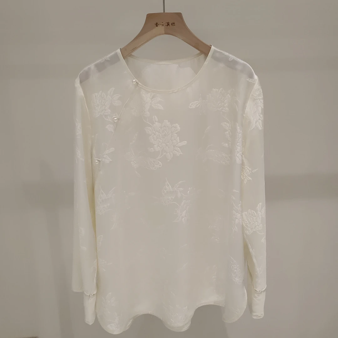 100桑蚕丝三粒扣梅兰竹菊套头衫国风新中式衬衣衬衫气质春夏时尚