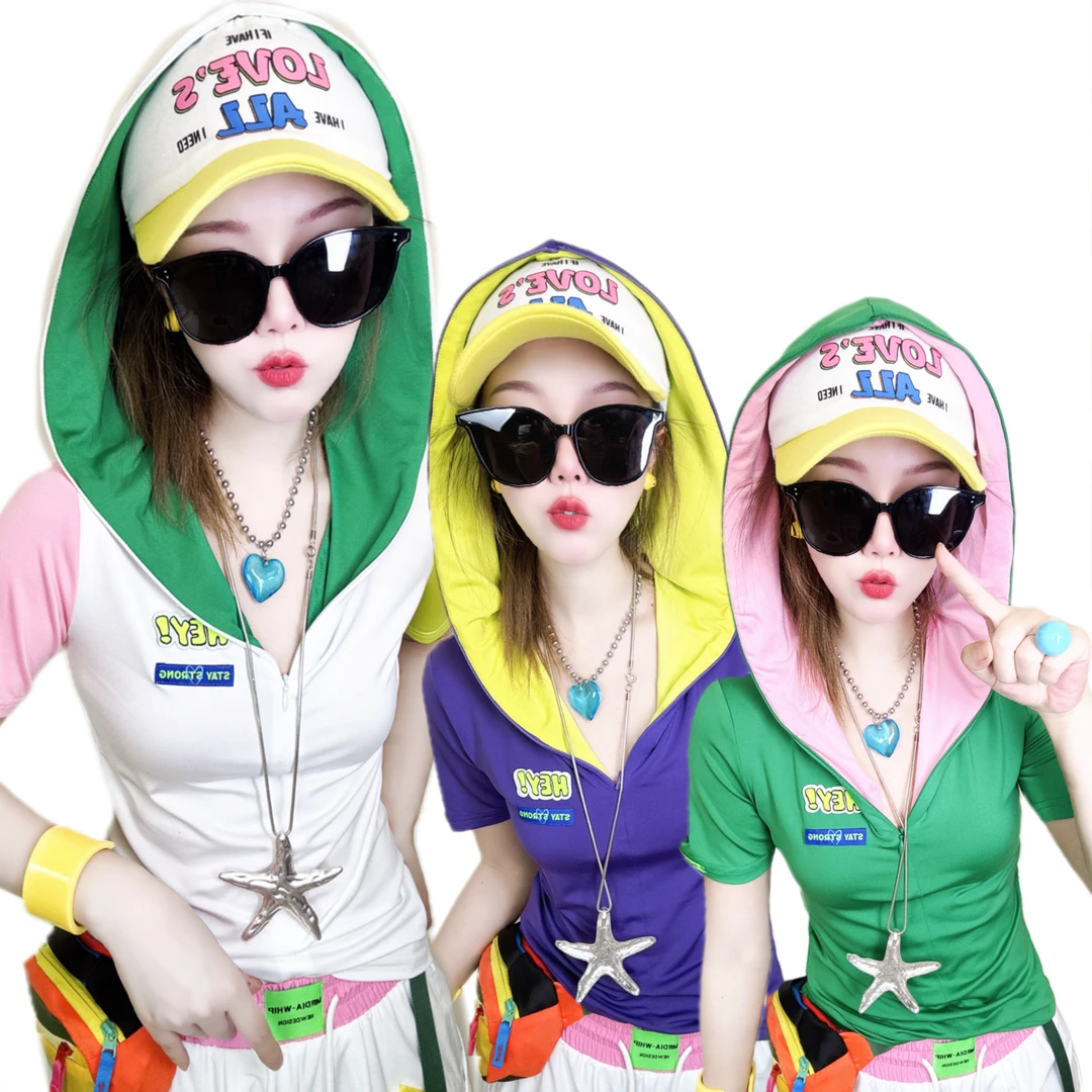 A361夏装新款原创宽松显瘦时尚洋气百搭减龄速干连帽短袖T恤女潮