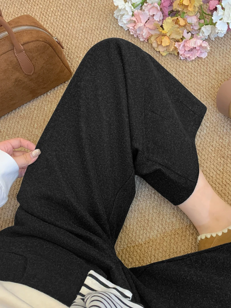 加厚深灰色毛呢休闲裤女秋冬新款大码胖mm宽松显瘦高腰直筒阔腿裤