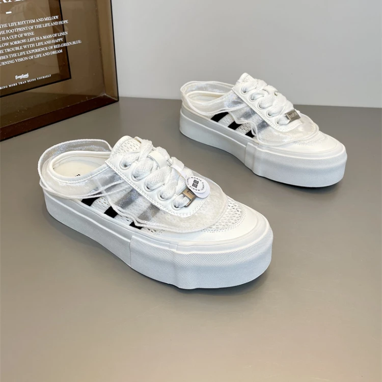 欧洲站2025夏季新款板鞋网面透气蕾丝荷叶边厚底包头半拖鞋女外穿