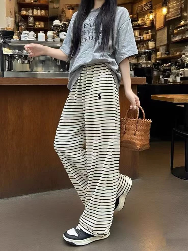 松弛感慵懒刺绣条纹休闲裤女2025夏季新款高腰显瘦阔腿裤拖地长裤