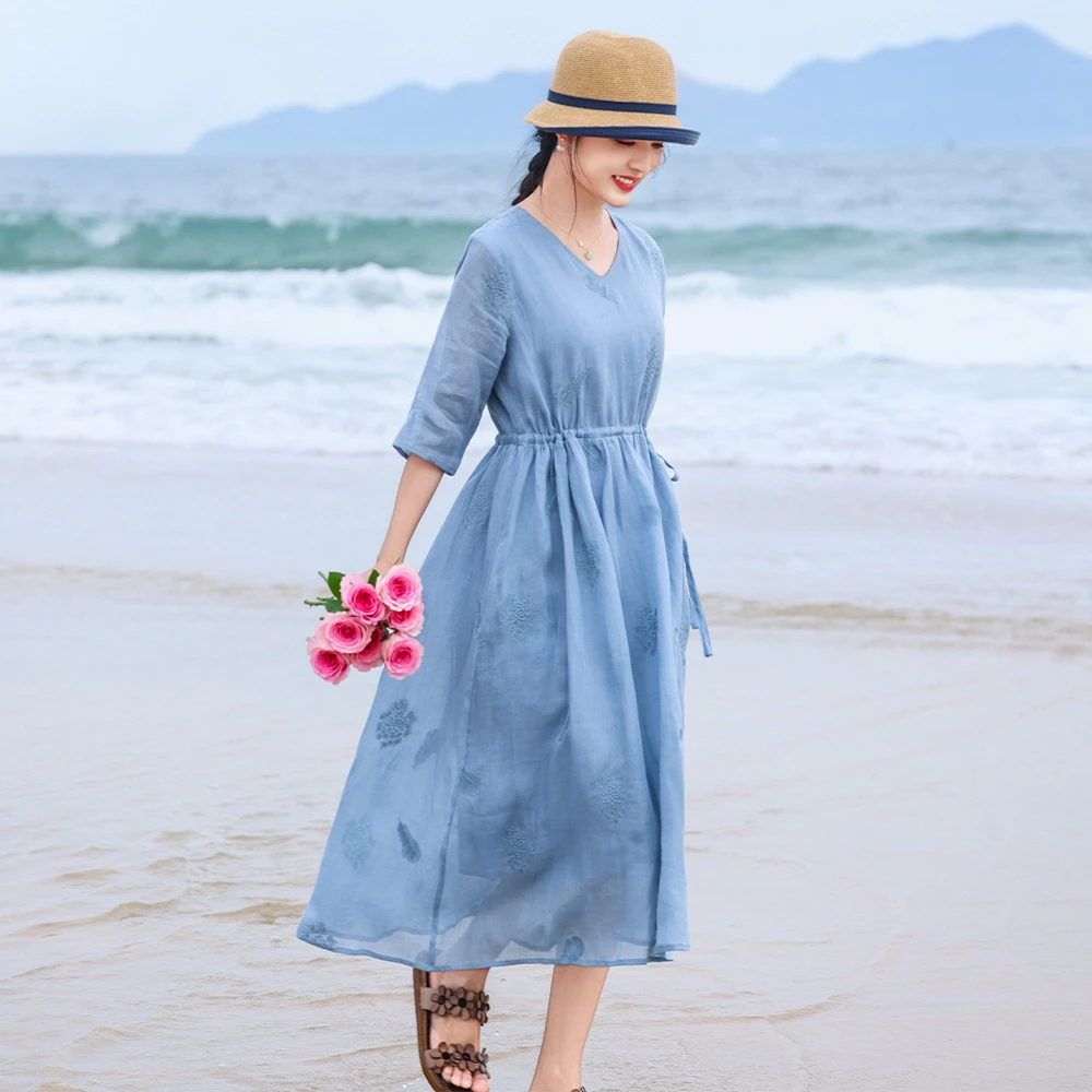 长裙V领春季套头宽松显瘦短袖连衣裙春夏复古中长款系带夏季女装