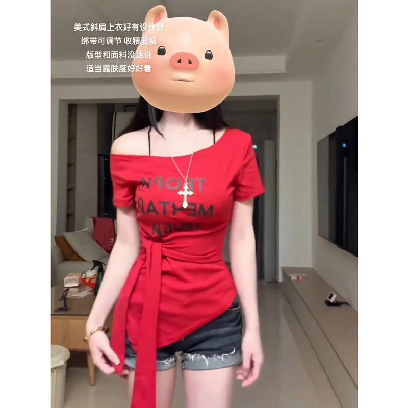 爆款辣妹夏季新款美式复古斜肩修身显瘦设计感绑带短袖T恤女上衣