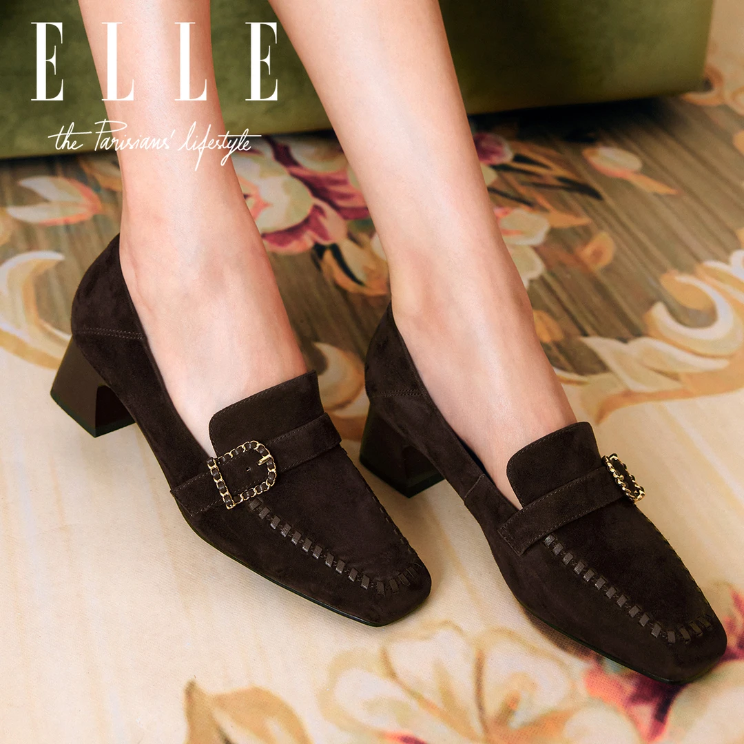 ELLE真羊皮小香风粗跟单鞋女2025爆款皮带扣绒面百搭一脚蹬乐福鞋