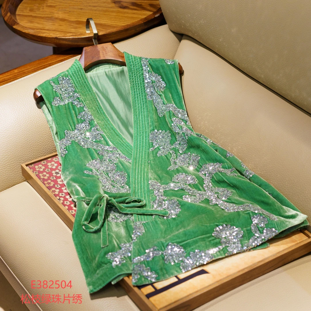 真丝丝绒新中式国风桑蚕丝V领斜襟马甲背心-382504
