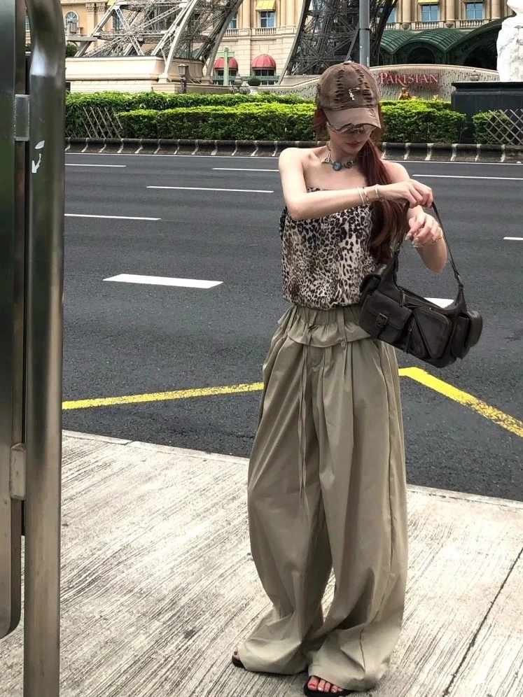 Okaaay慵懒松弛翻边设计花苞腰头气球裤宽松薄松紧腰阔腿裤女长裤