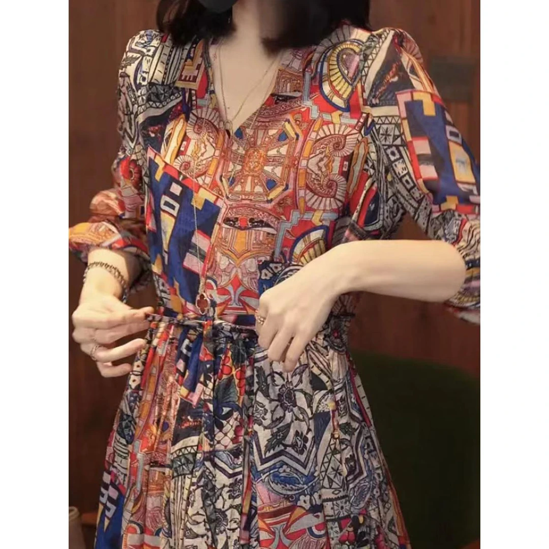 哥弟阿玛施正品高端气质雪纺碎花连衣裙女春夏新款复古印花V领长