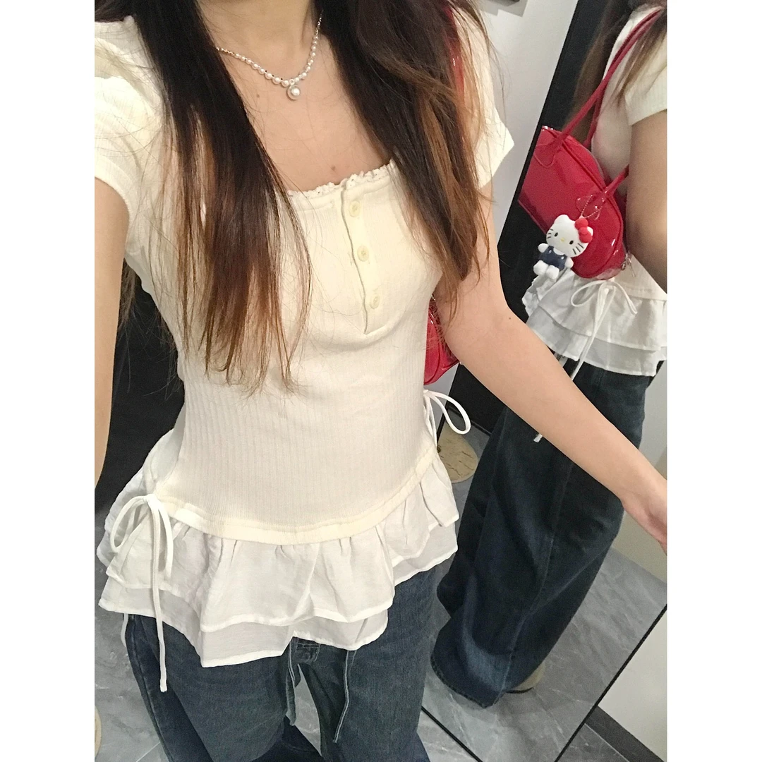 【现货】大码休闲蕾丝短袖T恤夏季白色胖MM遮肉显瘦圆领上衣-6768