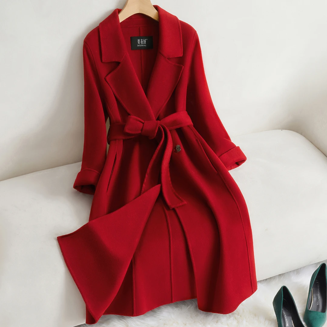 红色双面羊绒大衣女中长款收腰显瘦2025秋冬新款高级感毛呢大衣