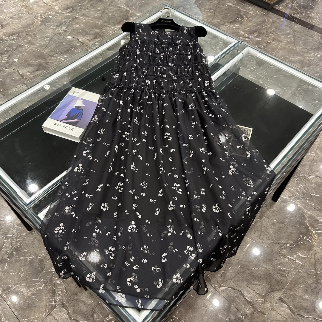 夏季新款气质优雅卡通印花休闲宽松圆领无袖连衣裙-25993