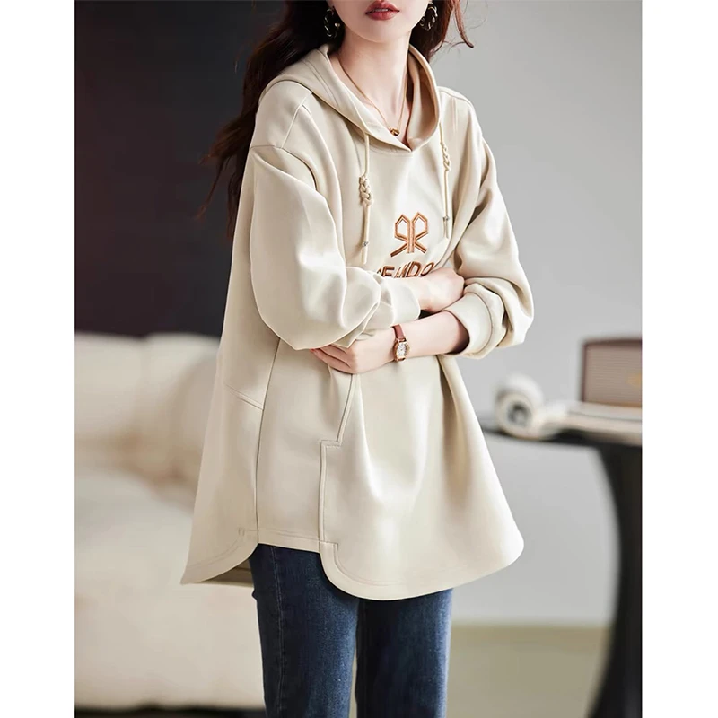 韩版慵懒风刺绣连帽卫衣长袖女2025春秋新款宽松显瘦洋气减龄上衣