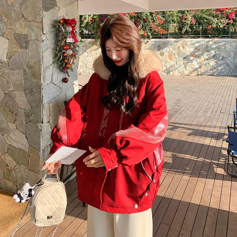 亮片红色工装派克服女小个子2025冬新款加绒加厚本命年设计感外套