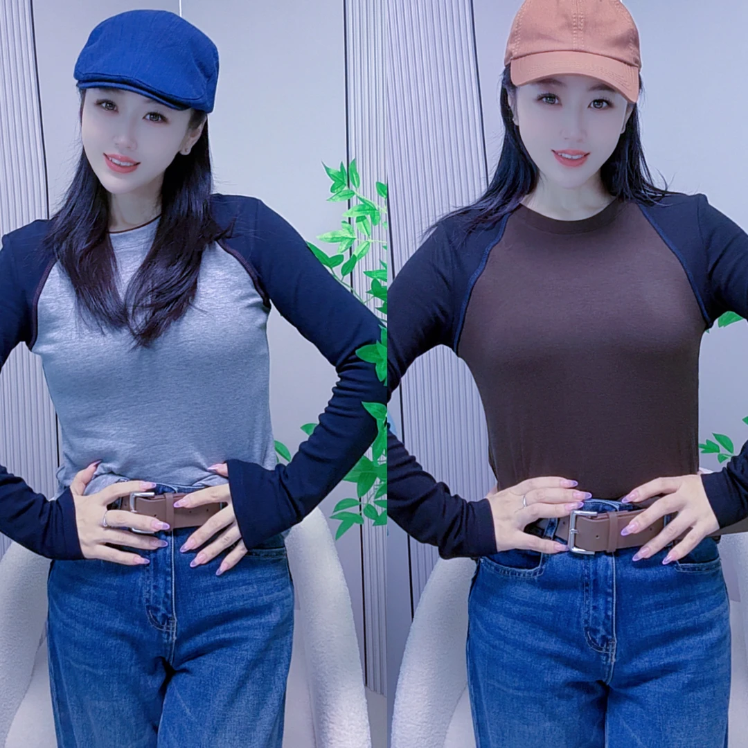 简约长袖圆领拼接中长款拼色T恤夏季打底衫时尚韩版长袖打底薄款