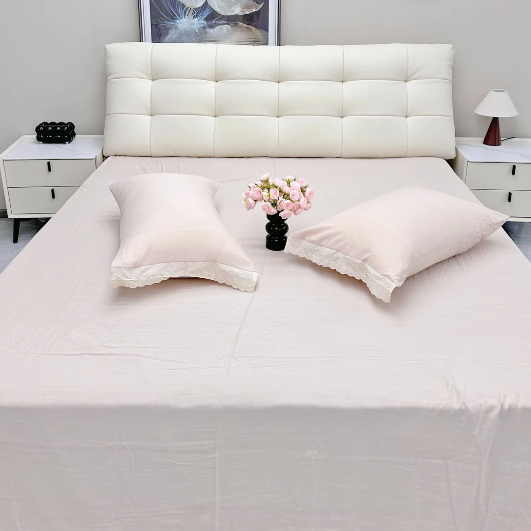 高级裸粉色100全棉纯棉双人三件套纯色蕾丝花边枕套透气卧室