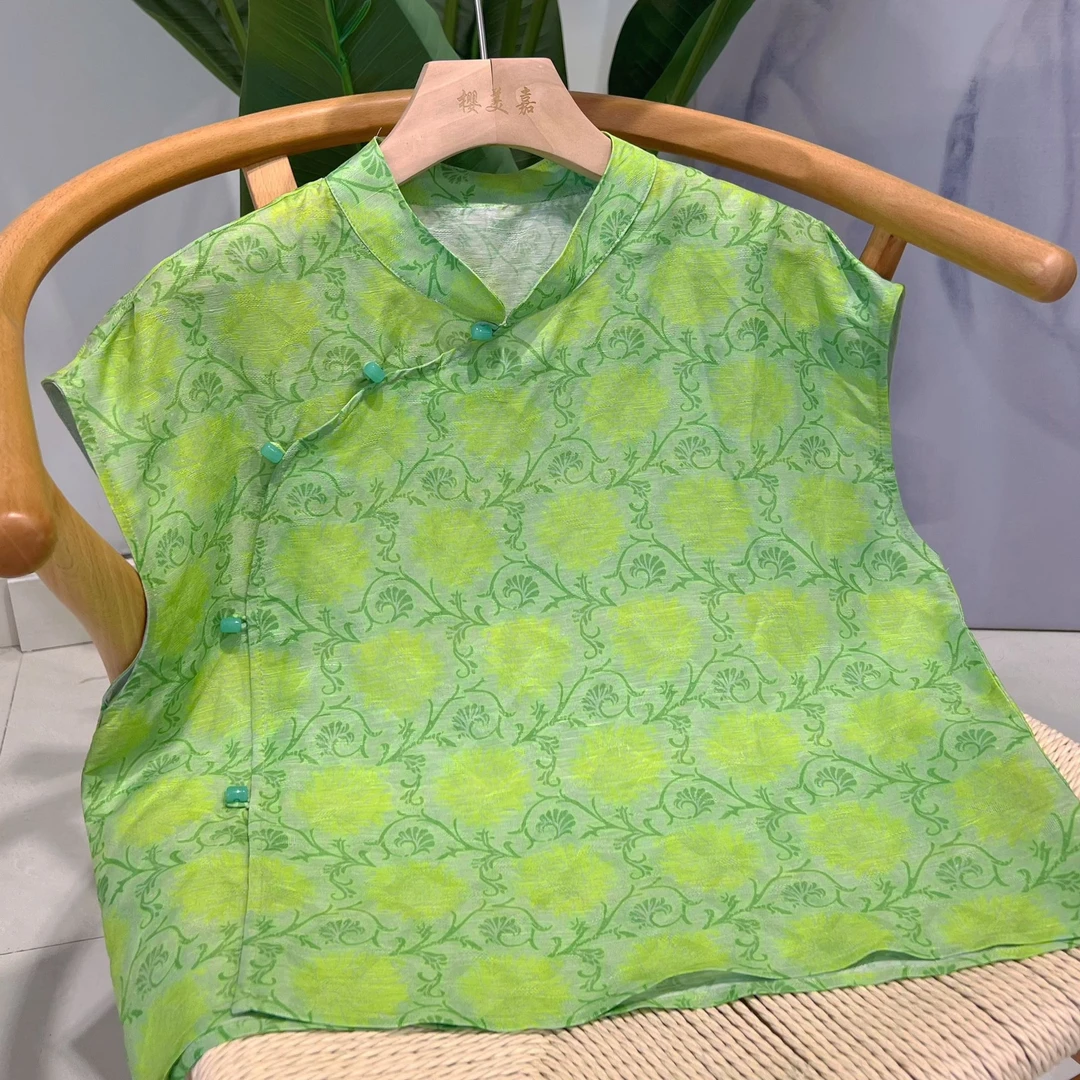 DY2724樱美嘉桑蚕丝亚麻混纺短袖偏襟新中式国风上衣