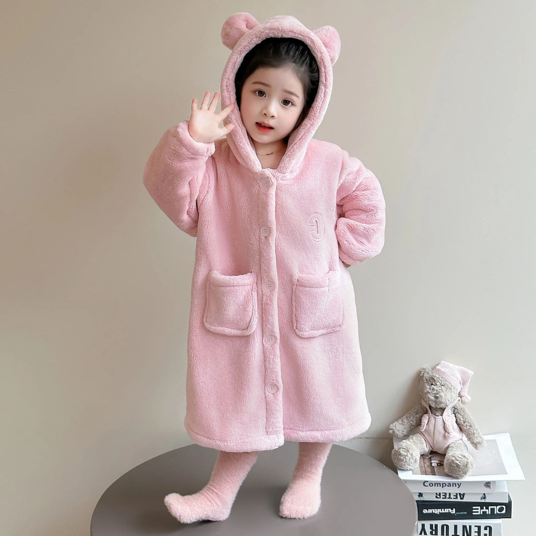 女童睡袍儿童法兰绒睡衣冬款宝宝珊瑚绒连帽家居睡裙女孩冬季浴袍