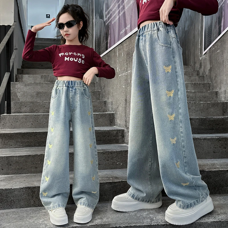 女童牛仔阔腿裤春秋2025新款大童蝴蝶刺绣休闲直筒裤儿童宽松裤子