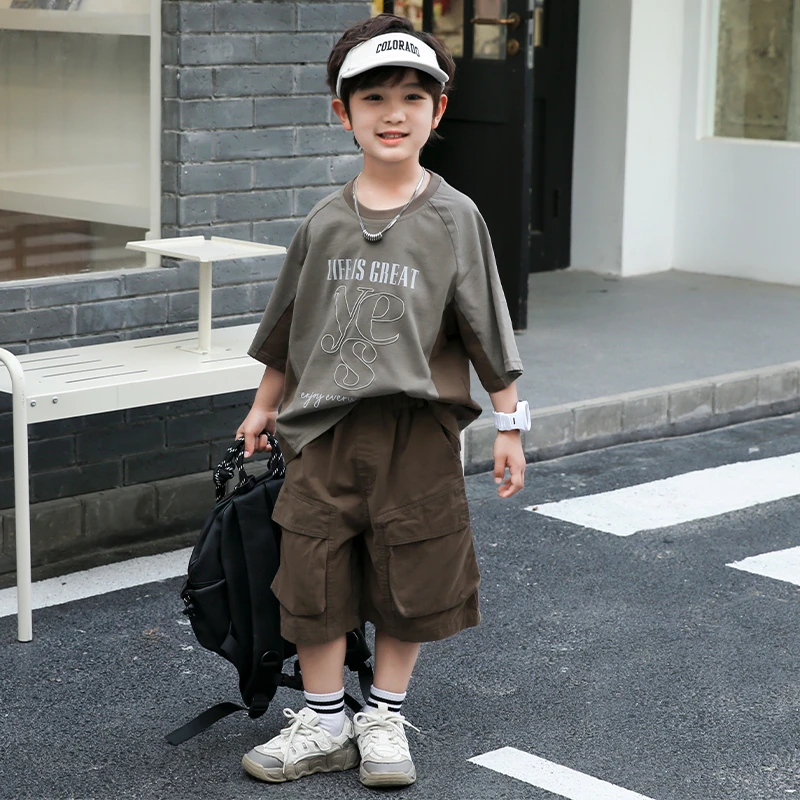 SX2510991黑白色男童纯棉短袖T恤休闲短裤中小儿童帅气夏季套装