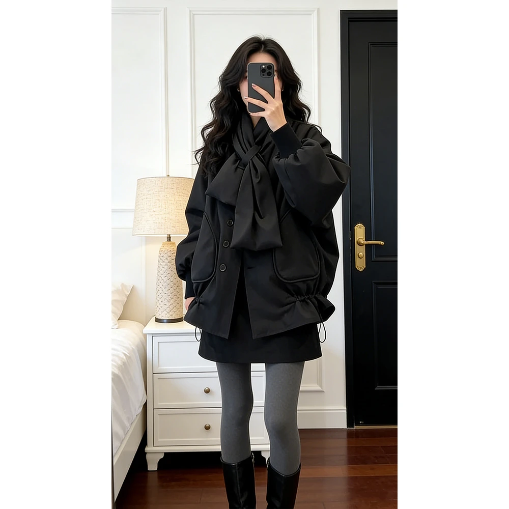 韩版保暖加厚长袖棉衣棉服女冬季新款抽绳设计感时尚潮流百搭外套