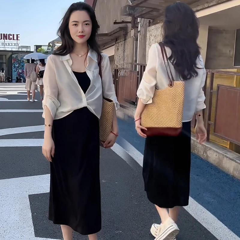 2025新款小个子黑色吊带连衣裙子夏季女装法式高级感衬衫长裙套装