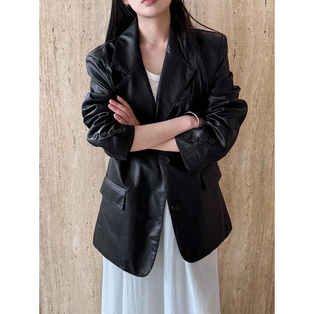 美拉德复古PU皮西装领宽松外套女春新款休闲高级感皮衣