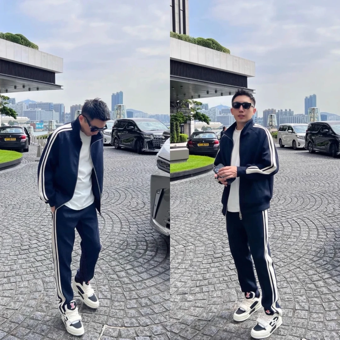 春季新款简约时尚休闲男士运动套装立领拼接条纹百搭情侣两件套男