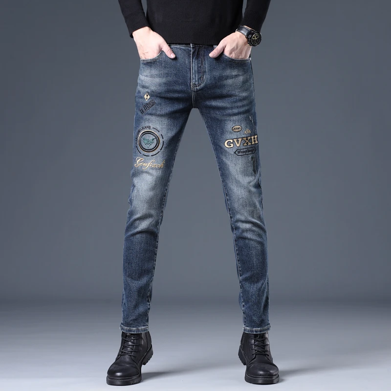 Cebrodz2025欧货潮牌刺绣牛仔裤男秋冬季弹力修身小脚裤休闲长裤