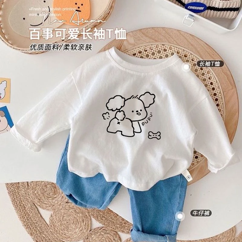 多图~春秋季儿童新款100%纯棉长袖宽松t恤男女童打底衫中小童打底