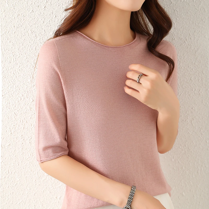 高端精纺羊毛女式短袖T恤春夏季女薄款半袖针织衫 时尚中袖打底衫