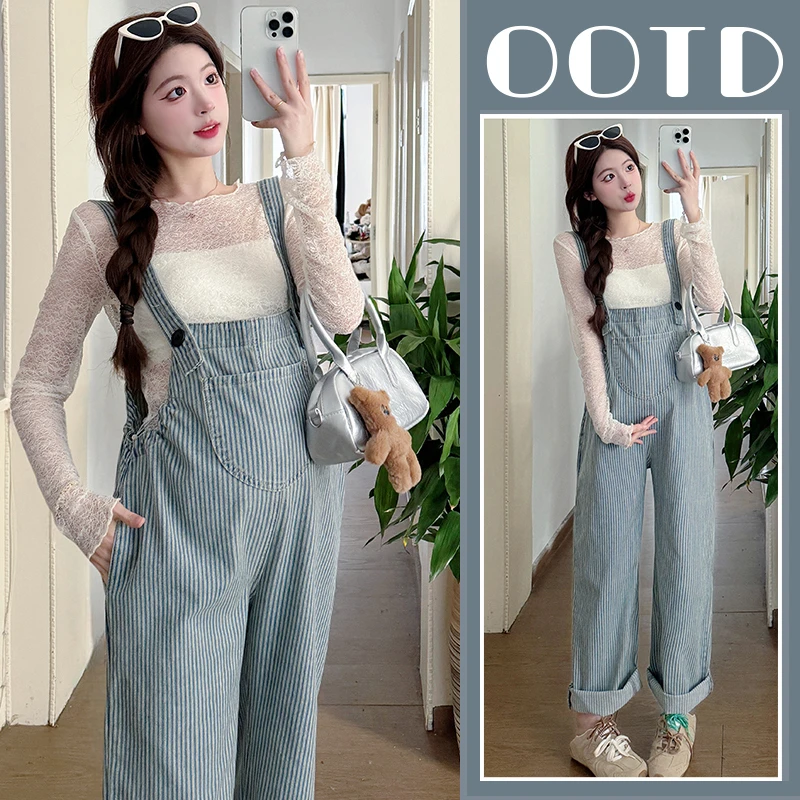 孕妇背带裤春季条纹牛仔裤高个子阔腿裤长裤2025春秋新款显瘦遮肉