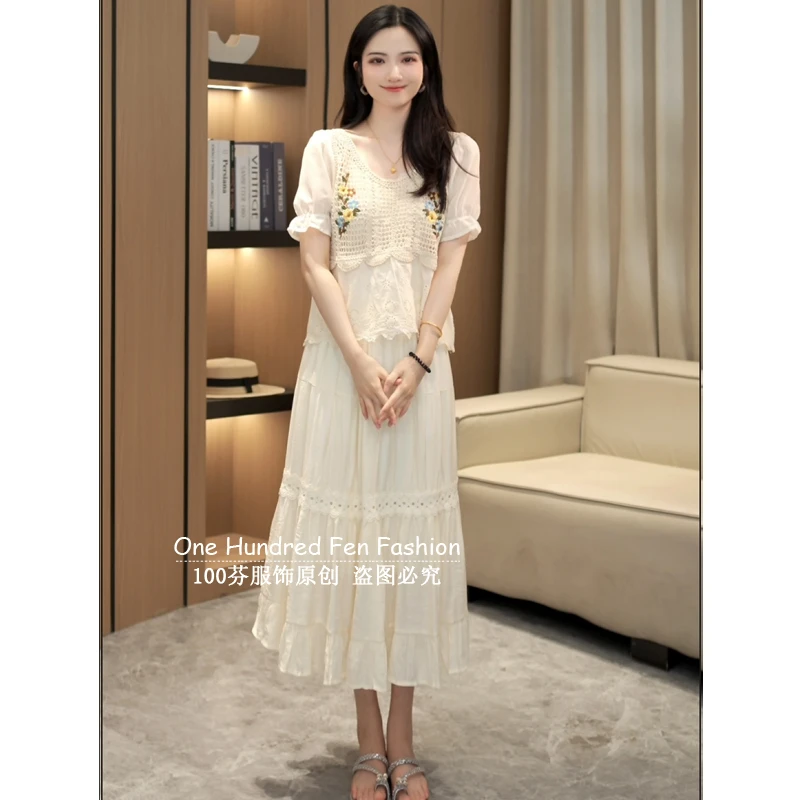 夏款新款法式钩花镂空短袖上衣波西米亚度假风半身裙