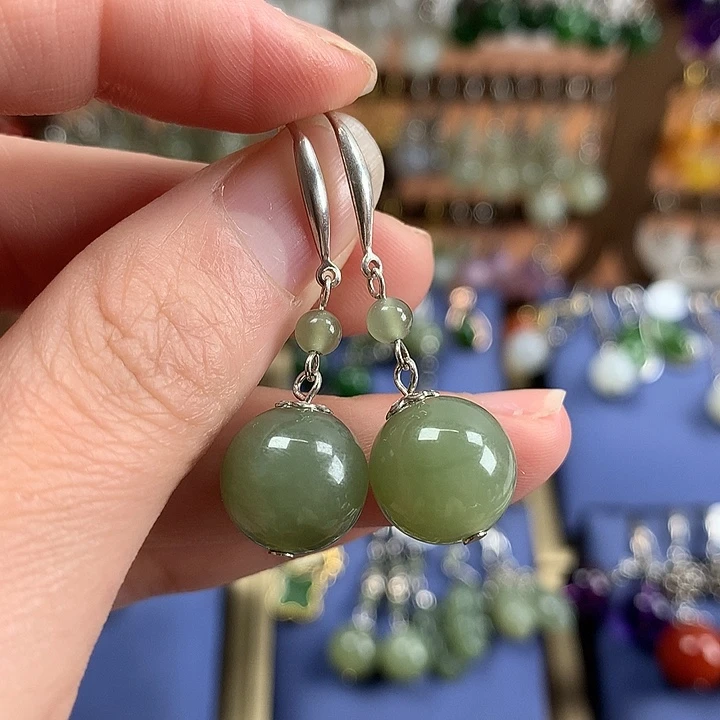和田玉银S925镶嵌耳饰12左右晴水绿