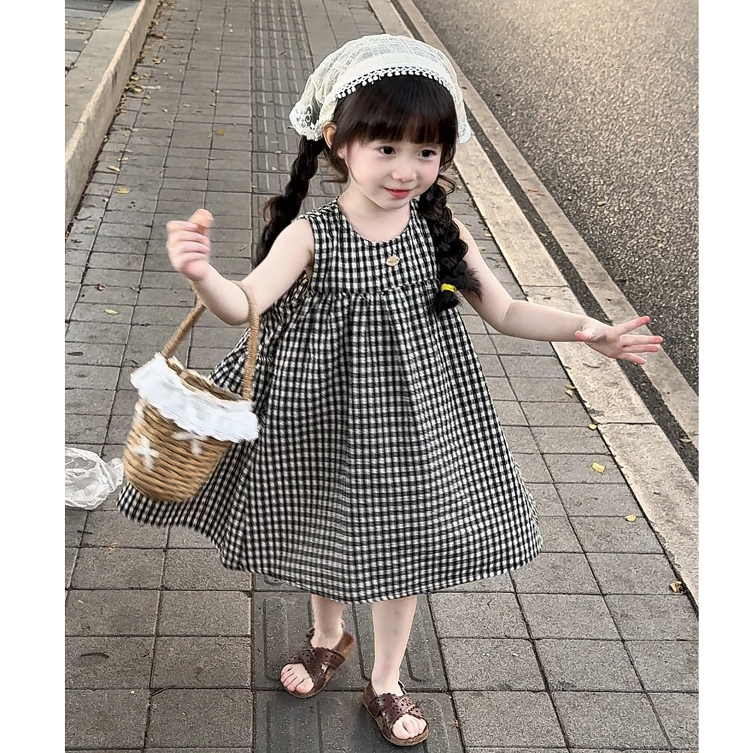 女童2025夏季韩版新款田园风森系贴布格子无袖背心裙百搭