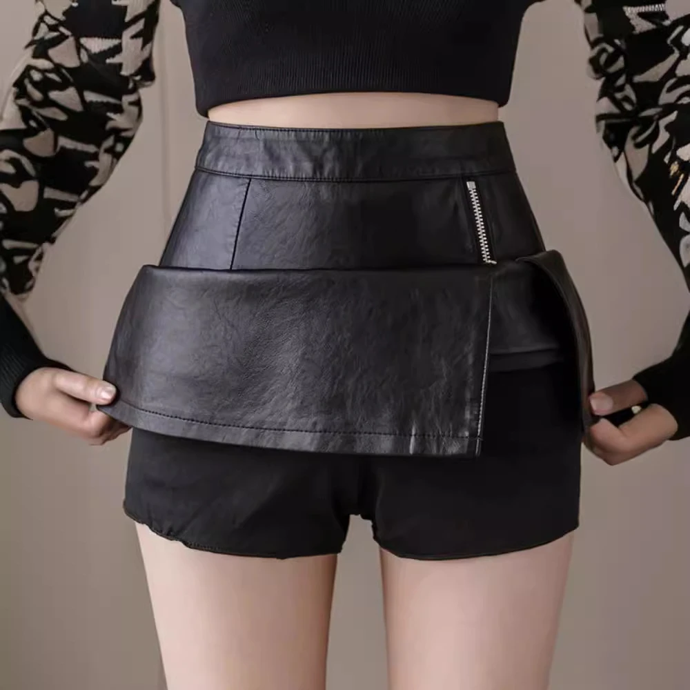 高腰显瘦不规则开叉黑色PU皮短裙时尚包臀A字ins半身裙裙子网红