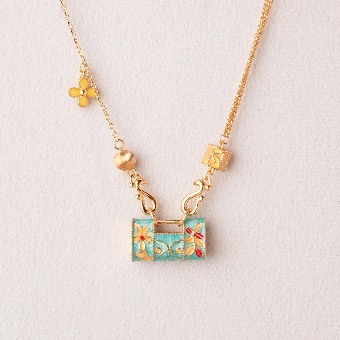 坠链均925银珐琅 【三宝】新中式长命锁项链时尚手工X028