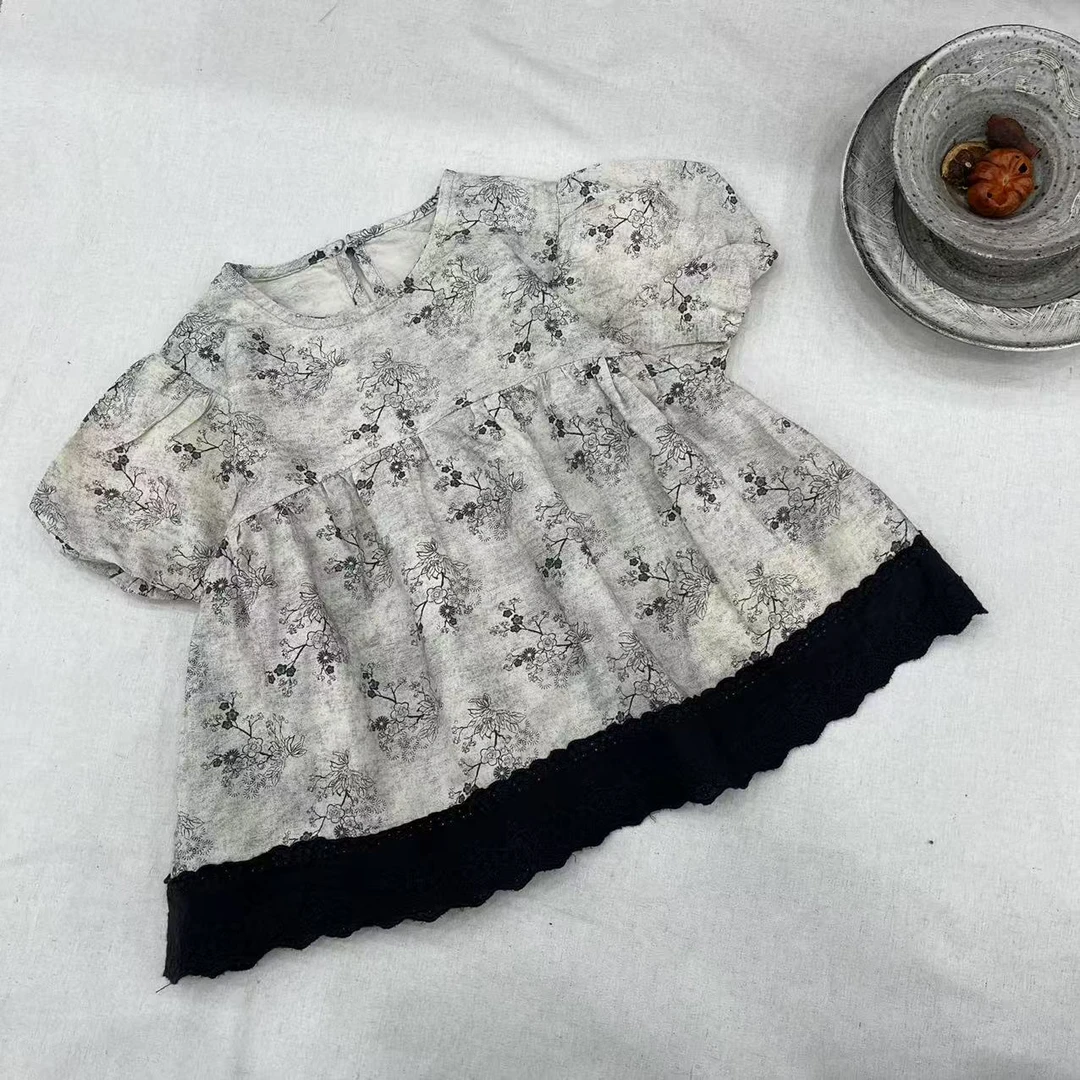 【姐姐家】25夏款儿童萌娃穿搭国风碎花拼接下摆娃娃衫衬衫261539