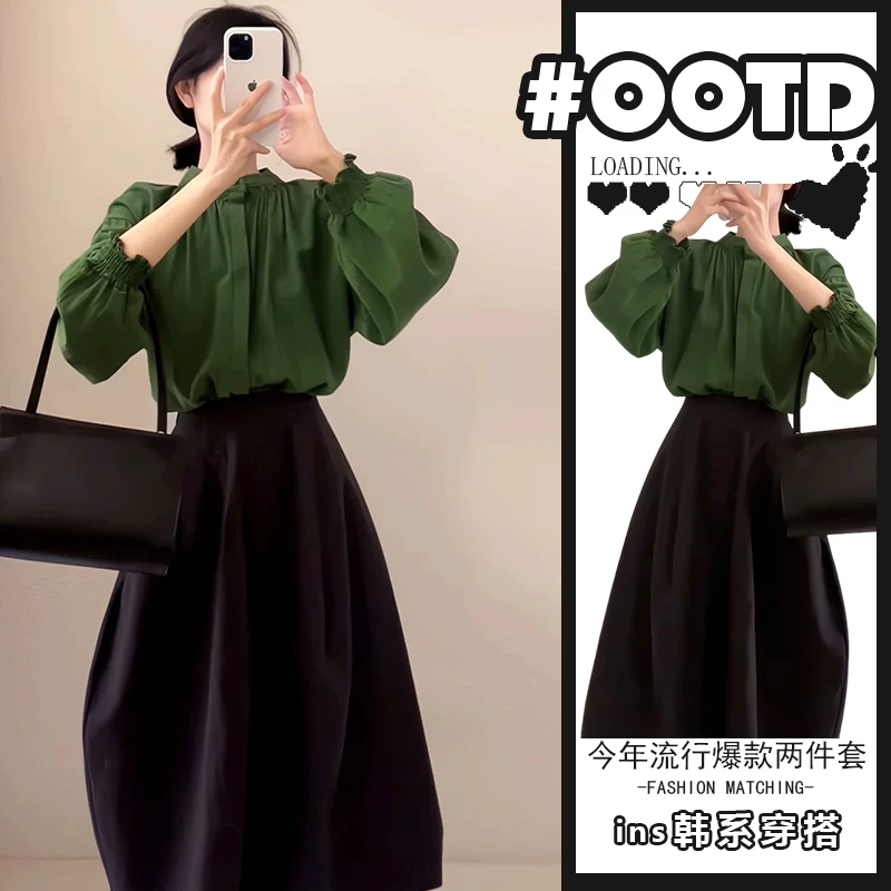 美式别致显气质套装女秋季港味别致复古衬衫高腰显瘦半身裙潮