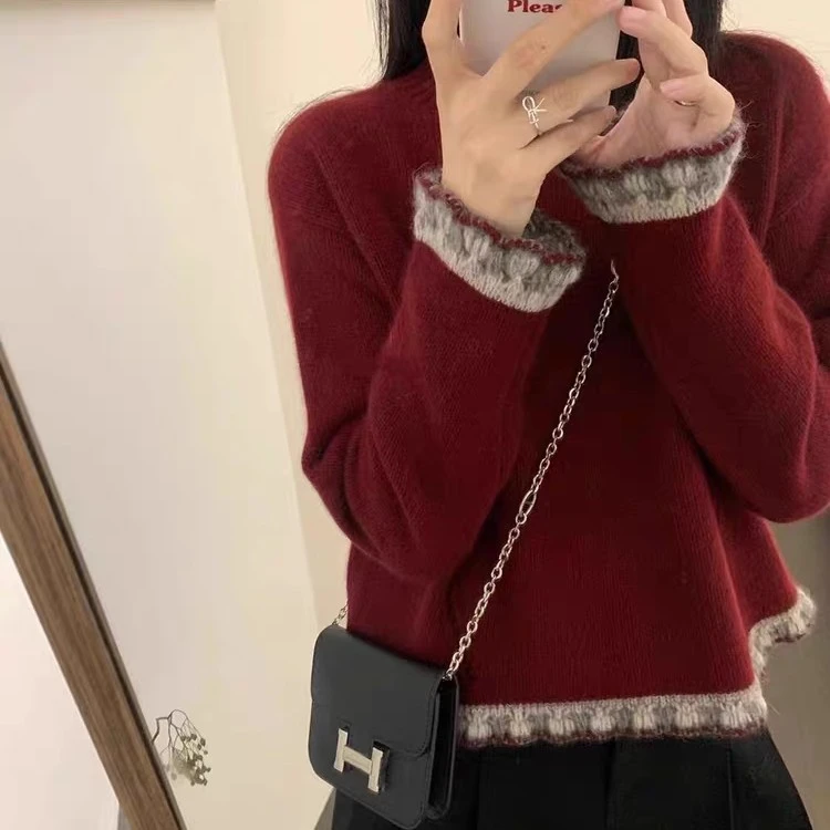 SZ-887高级感花边袖针织毛衣秋冬内搭宽松设计感小众洋气打底衫