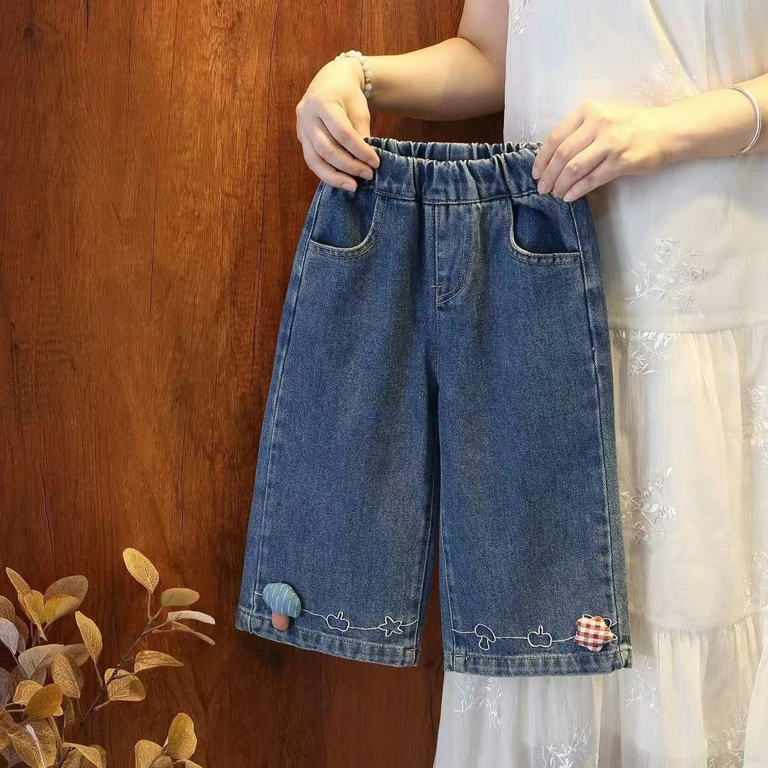 韩系童装2025秋季新款女童甜美可爱刺绣直筒裤儿童休闲百搭牛仔裤