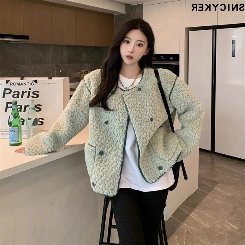 毛外套女韩版小香风秋冬新款皮毛一体短款圆领洋气高级感上衣