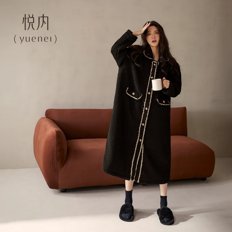 悦内睡裙女款睡衣秋冬季珊瑚绒法兰绒超厚保暖长款睡袍小香风