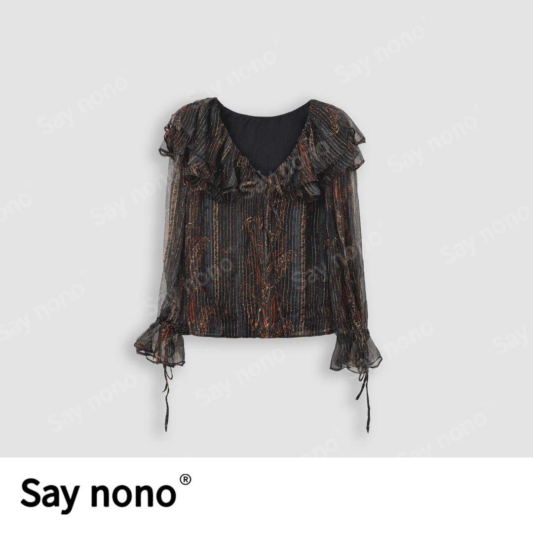 懒猫nono│Saynono 气质荷叶边V领真丝金属感复古印花衬衫H06922X